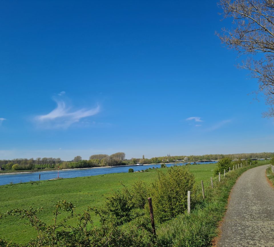 Radweg Fahrradstrasse auf Deich des Rheins auf Tagestour