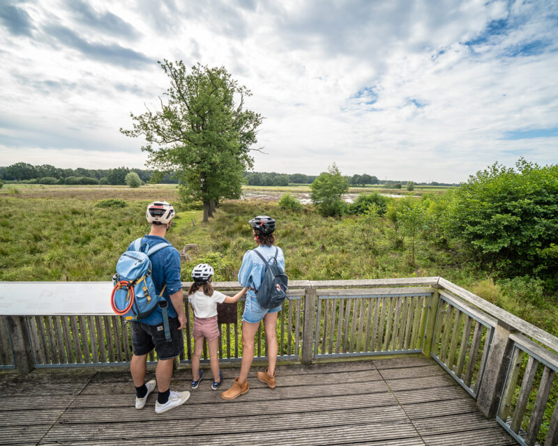 Familie genießt Panorama Aussichtsplattform Hervester Bruch Naturschutzgebiet